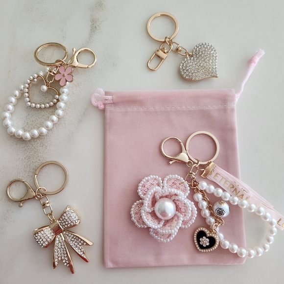 Novelty Handbags - Set Of 4 Different Novelty Bag Charms In Pink Velvet Gift Pouch! New!